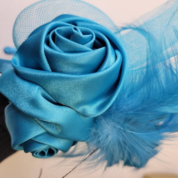 Blue Roses Headband Fascinator with Bows and Blue Feathers - Picture 14 of 15